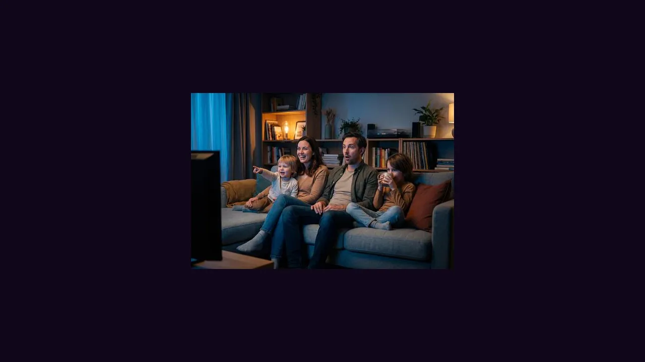 A family watching television together on a sofa in the evening