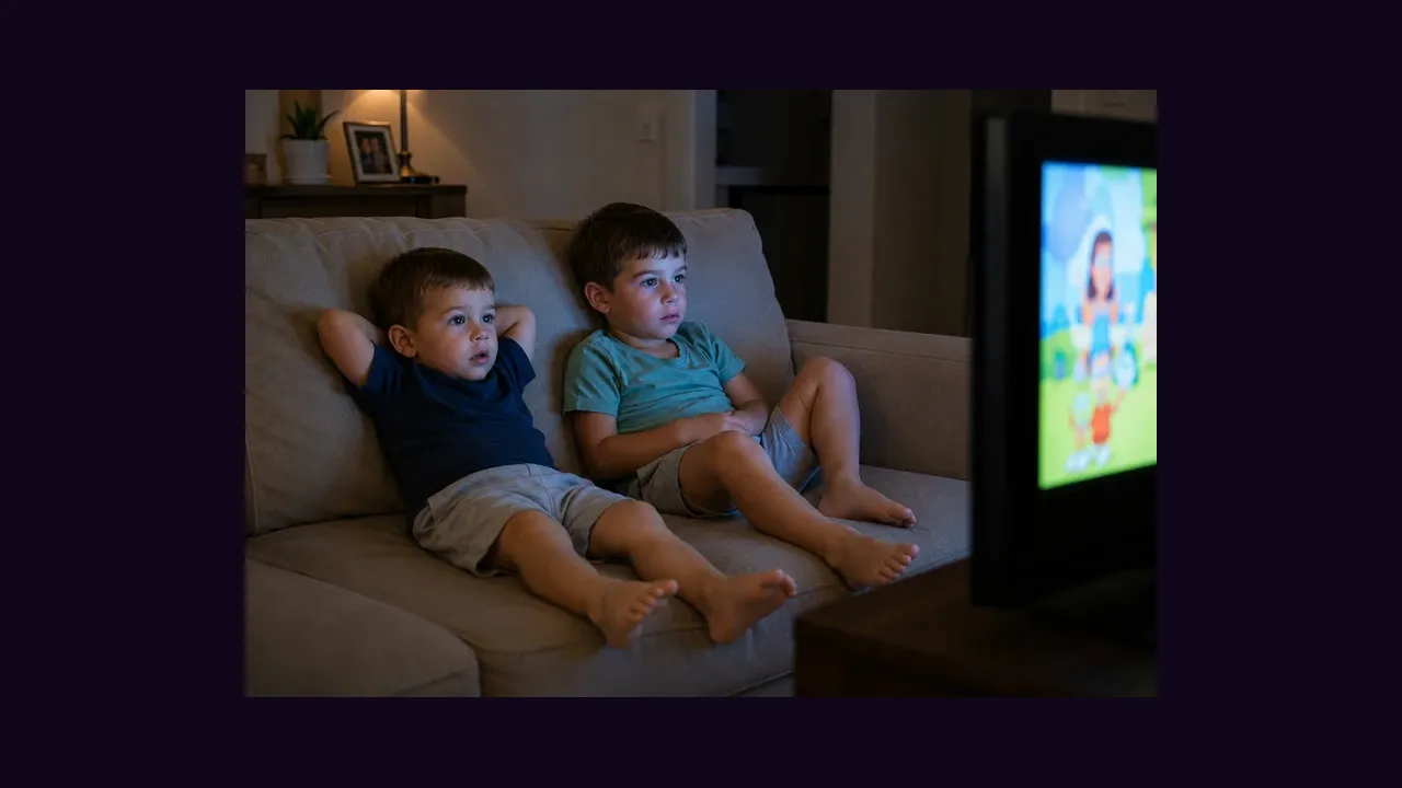 Two children sitting on a sofa watching cartoons on television