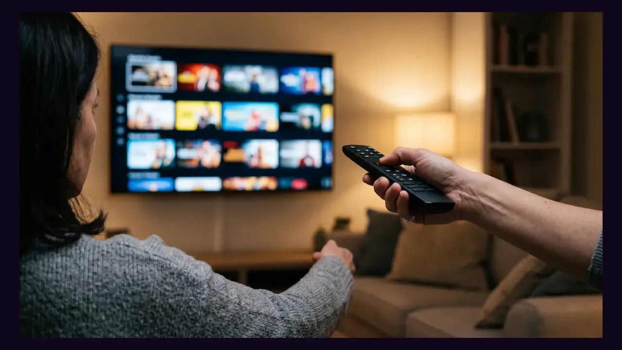 A person choosing a show on a wall mounted television with a remote