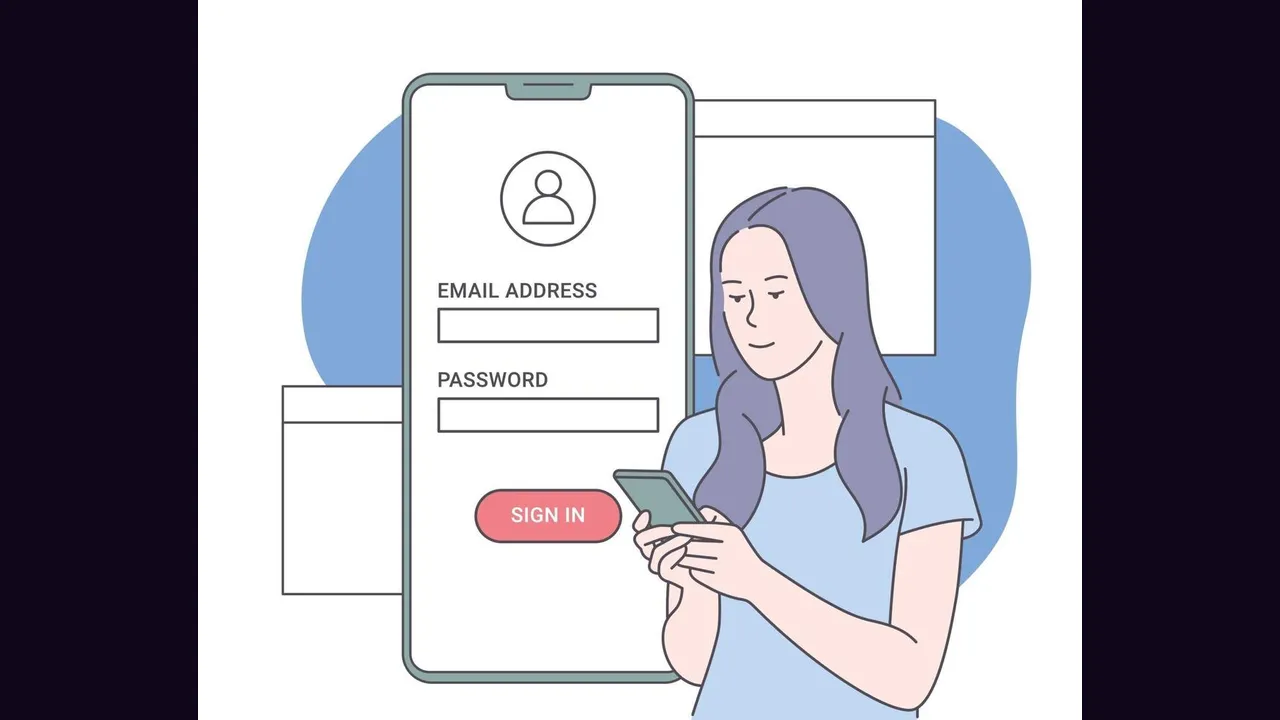 Illustration of a woman signing up on a phone beside a login form
