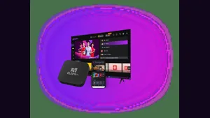 Eleph TV box, phone and television showing the Eleph TV app together
