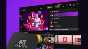Eleph TV box beside a television running the Eleph TV app